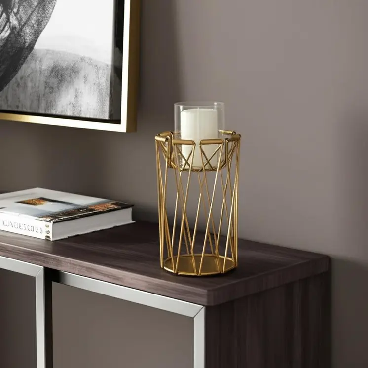 8" Antiqued Brass Distressed Geometric Metal And Glass Tabletop Hurricane Candle Holder
