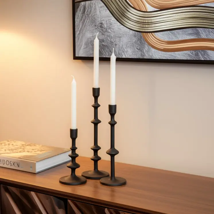 Set of Three Black Geometric Metal Tabletop Taper Candlesticks