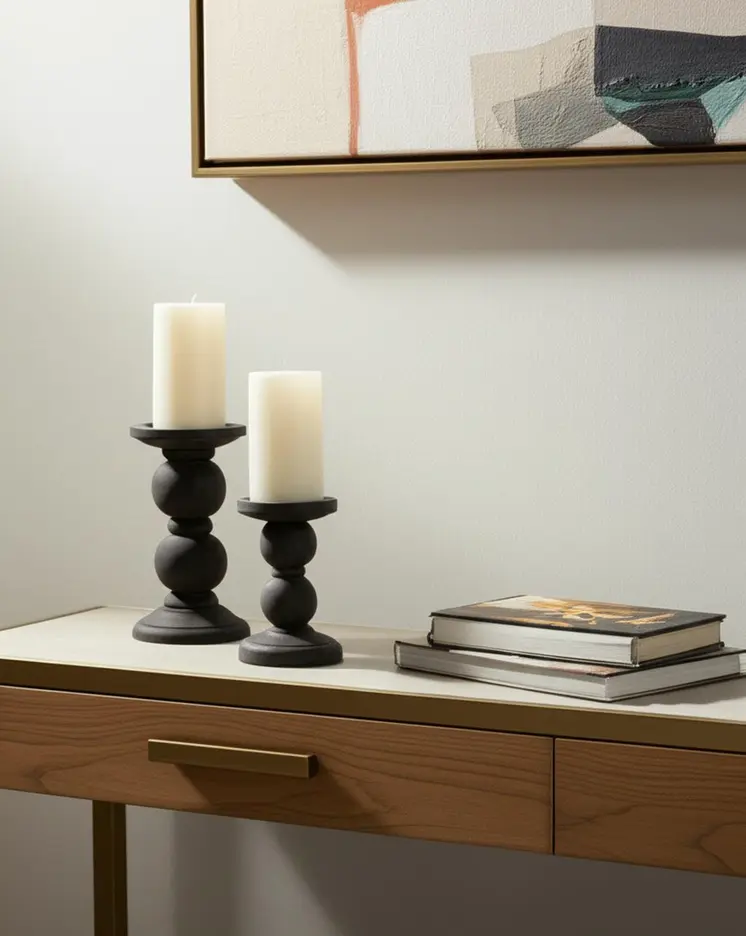 Set of Two Black Wood Abstract Tabletop Candle Holders