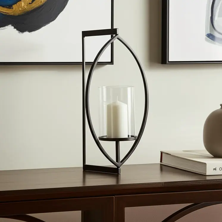 22" Black Geometric Metal And Glass Lantern Candle Holder