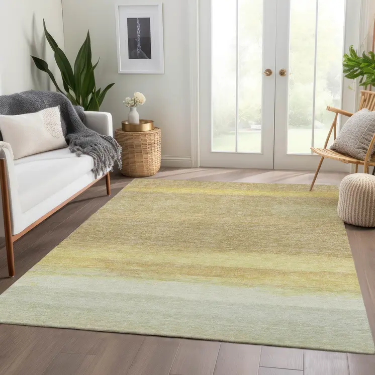 3' X 5' Tan Striped Washable Indoor Outdoor Area Rug