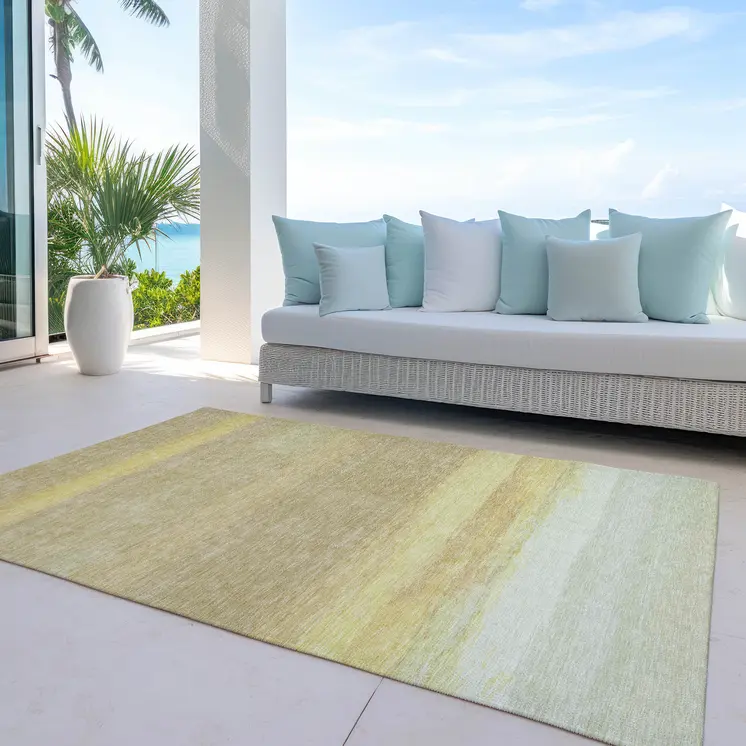 5' X 8' Tan Striped Washable Indoor Outdoor Area Rug