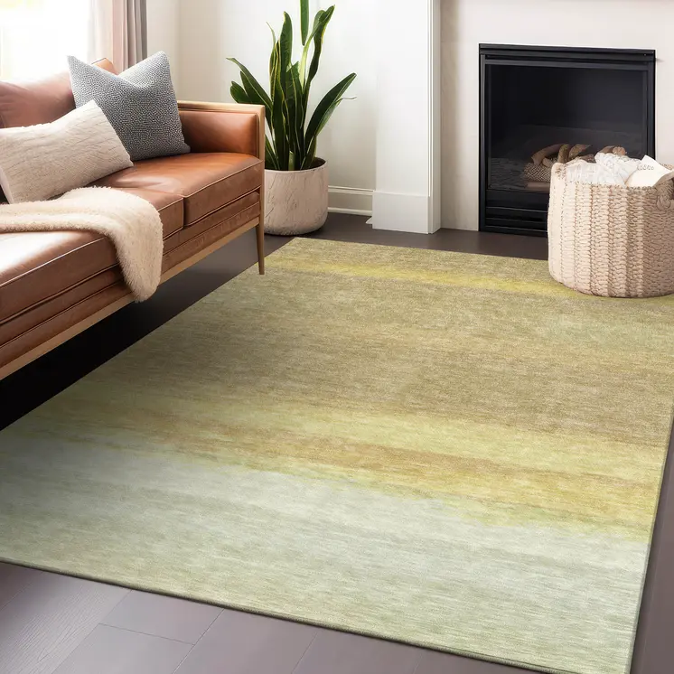 5' X 8' Tan Striped Washable Indoor Outdoor Area Rug