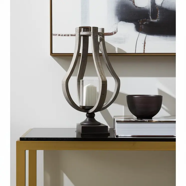 25" Brown Distressed Geometric Solid Wood Metal And Glass Tabletop Hurricane Candle Holder