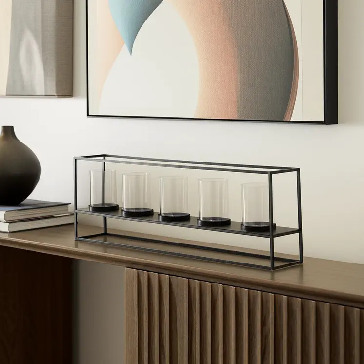 9" Black And Clear Geometric Metal And Glass Tabletop Hurricane Candle Holder