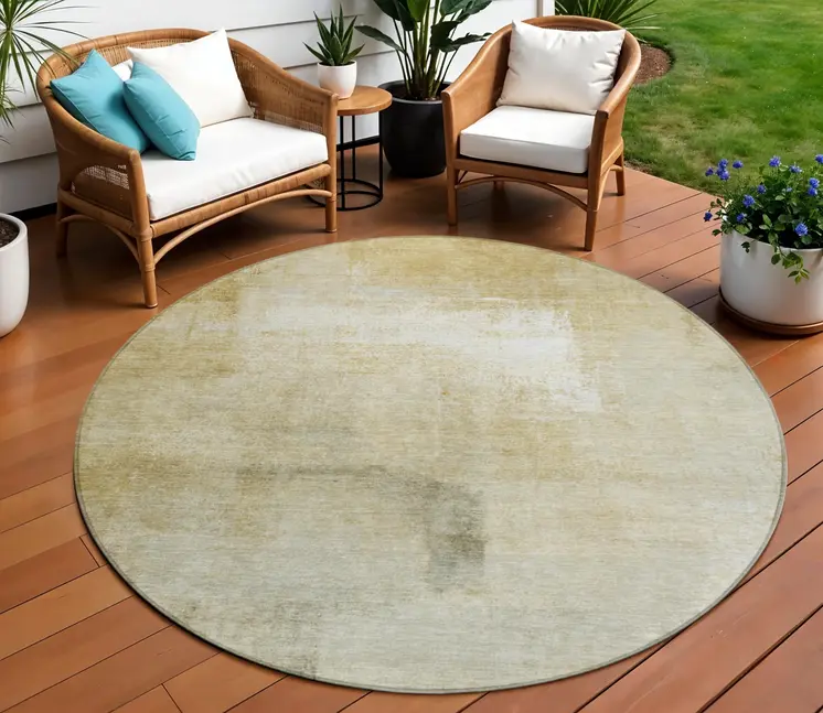 8' Wheat Round Striped Washable Indoor Outdoor Area Rug