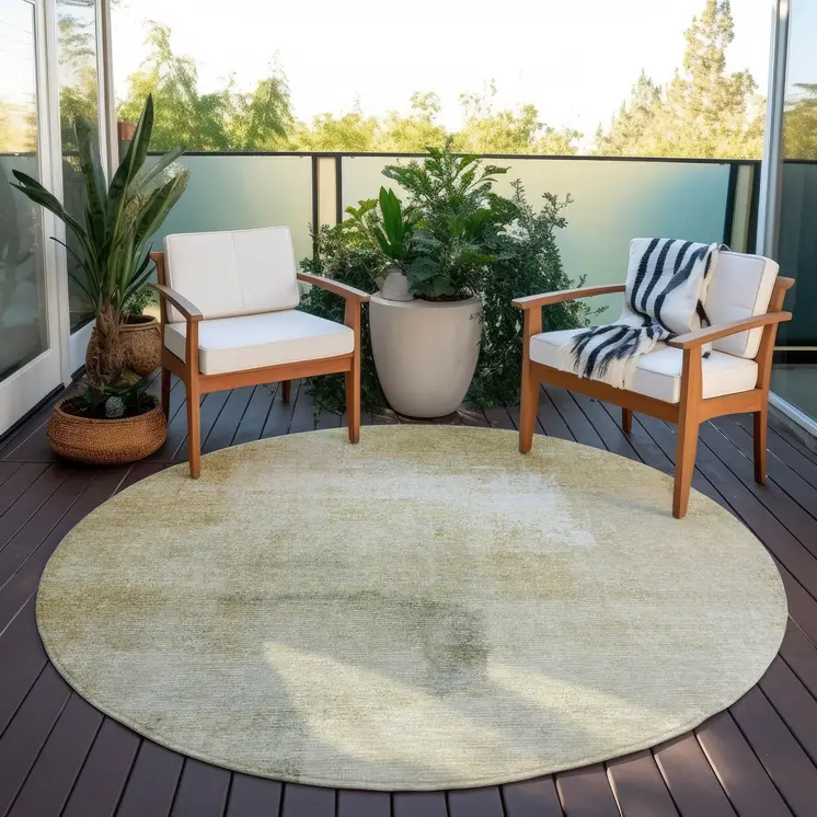 8' Wheat Round Striped Washable Indoor Outdoor Area Rug