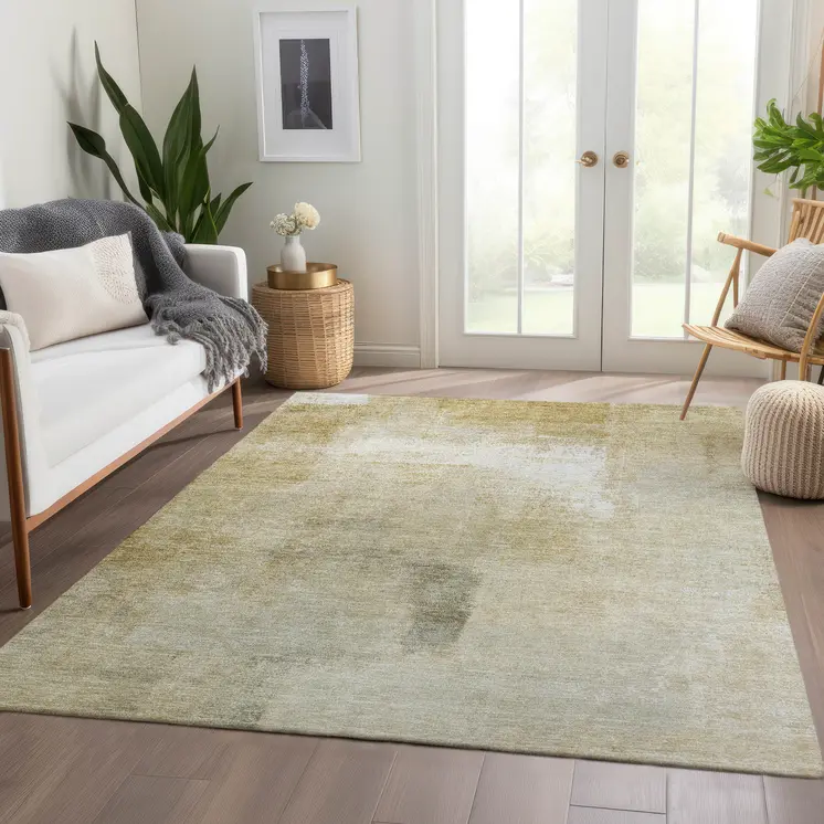 9' X 12' Wheat Striped Washable Indoor Outdoor Area Rug