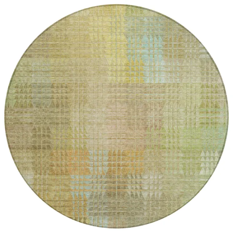8' Beige Round Geometric Washable Indoor Outdoor Area Rug