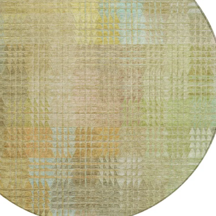 8' Beige Round Geometric Washable Indoor Outdoor Area Rug