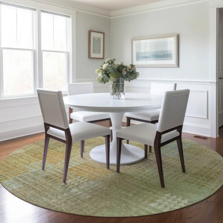 8' Beige Round Geometric Washable Indoor Outdoor Area Rug