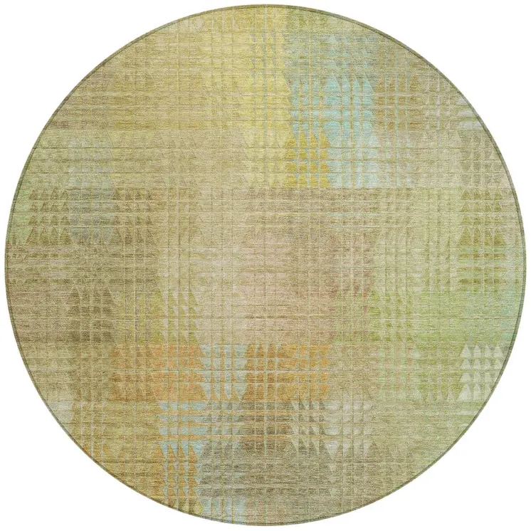 8' Beige Round Geometric Washable Indoor Outdoor Area Rug