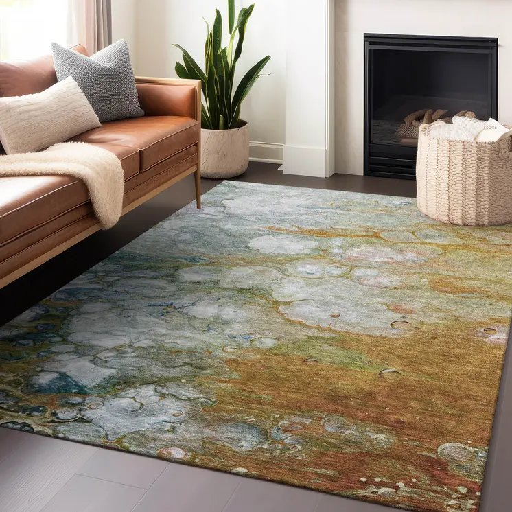 5' X 8' Orange Abstract Washable Indoor Outdoor Area Rug