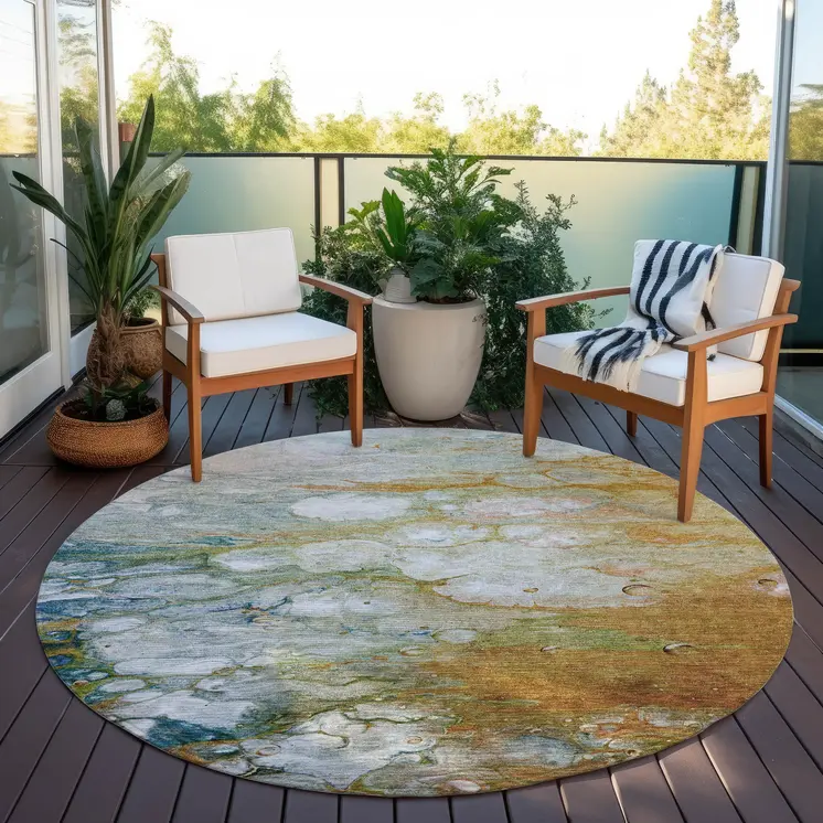 8' Orange Round Abstract Washable Indoor Outdoor Area Rug