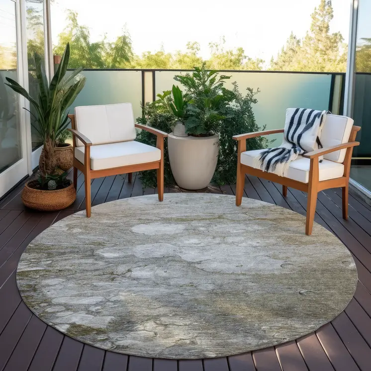 8' Taupe Round Abstract Washable Indoor Outdoor Area Rug