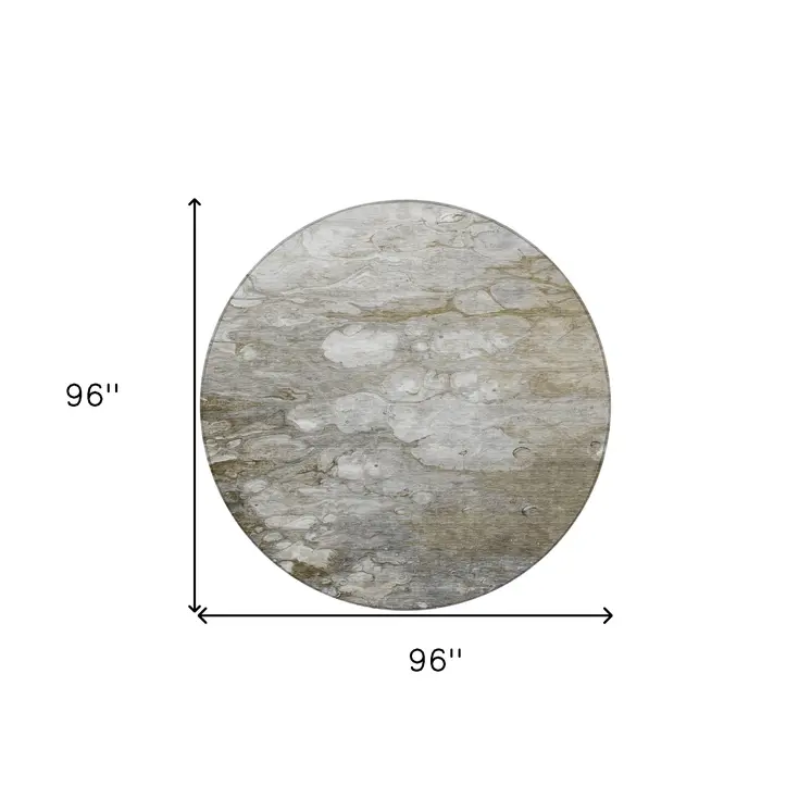 8' Taupe Round Abstract Washable Indoor Outdoor Area Rug