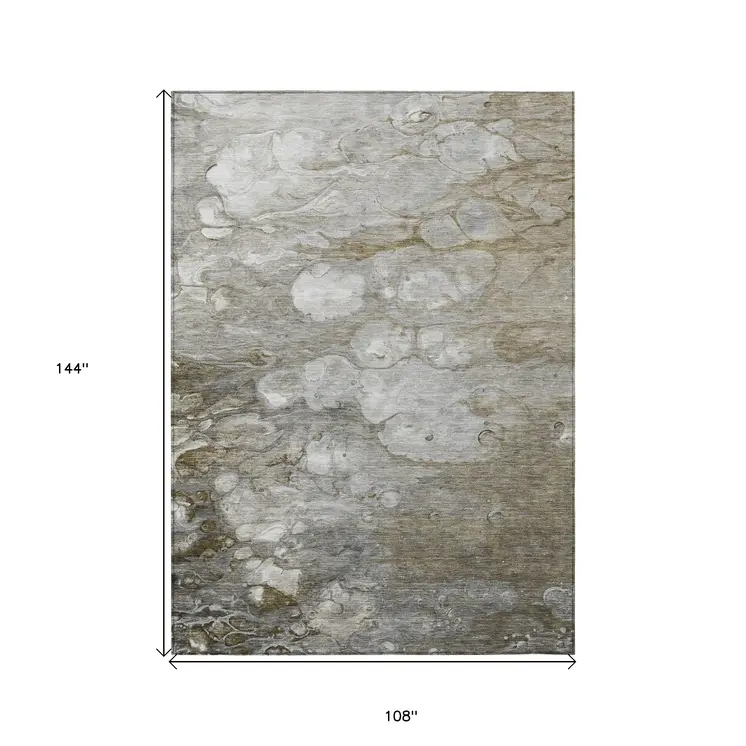 9' X 12' Taupe Abstract Washable Indoor Outdoor Area Rug