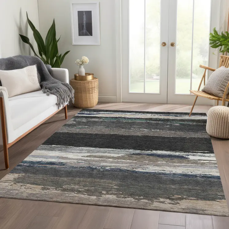 3' X 5' Black Abstract Washable Indoor Outdoor Area Rug