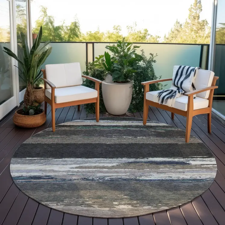 8' Black Round Abstract Washable Indoor Outdoor Area Rug