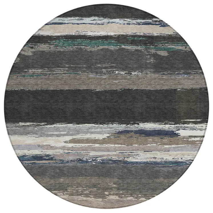 8' Black Round Abstract Washable Indoor Outdoor Area Rug