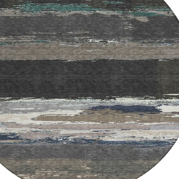 8' Black Round Abstract Washable Indoor Outdoor Area Rug