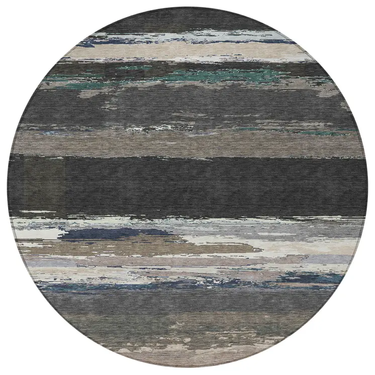 8' Black Round Abstract Washable Indoor Outdoor Area Rug