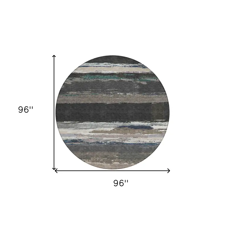 8' Black Round Abstract Washable Indoor Outdoor Area Rug