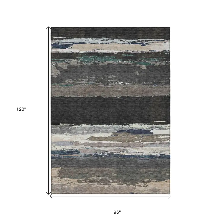 8' X 10' Black Abstract Washable Indoor Outdoor Area Rug