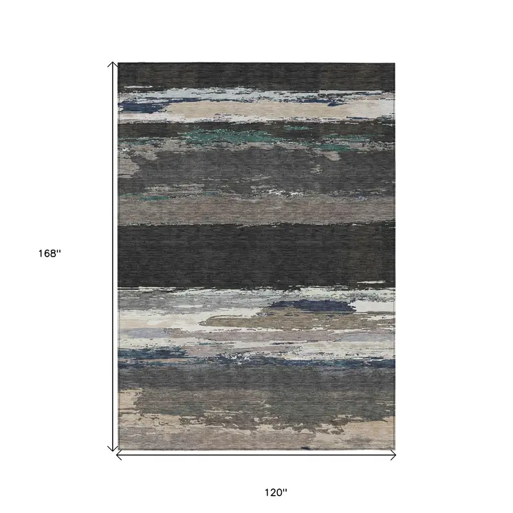10' X 14' Black Abstract Washable Indoor Outdoor Area Rug