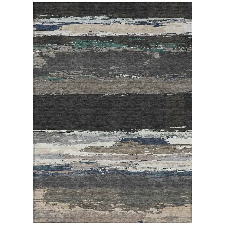 10' X 14' Black Abstract Washable Indoor Outdoor Area Rug