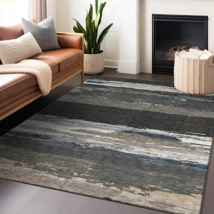 10' X 14' Black Abstract Washable Indoor Outdoor Area Rug