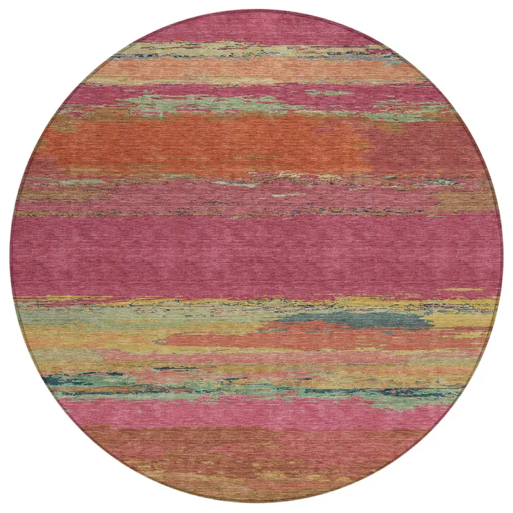 8' Blush Round Abstract Washable Indoor Outdoor Area Rug