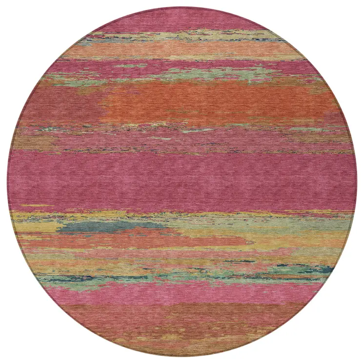 8' Blush Round Abstract Washable Indoor Outdoor Area Rug