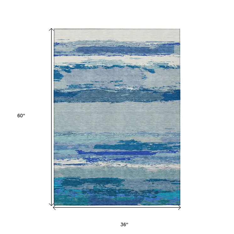 3' X 5' Blue Abstract Washable Indoor Outdoor Area Rug