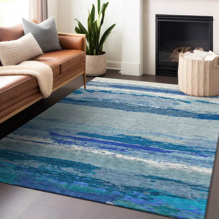 3' X 5' Blue Abstract Washable Indoor Outdoor Area Rug