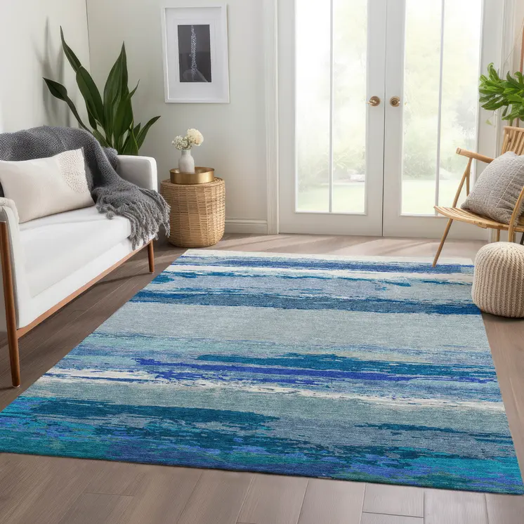 3' X 5' Blue Abstract Washable Indoor Outdoor Area Rug