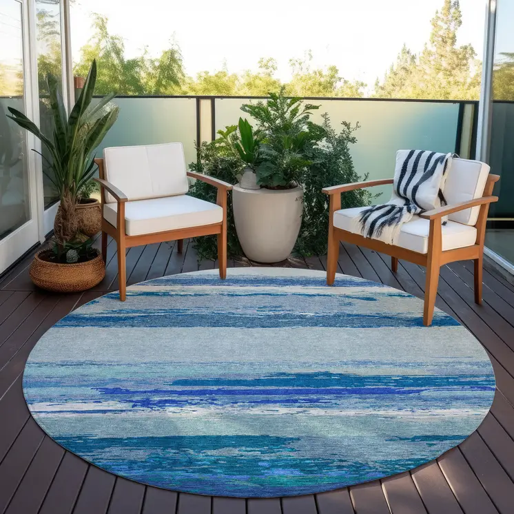 8' Blue Round Abstract Washable Indoor Outdoor Area Rug
