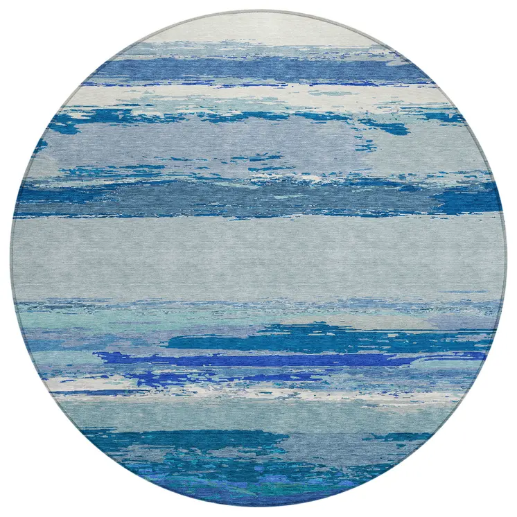 8' Blue Round Abstract Washable Indoor Outdoor Area Rug