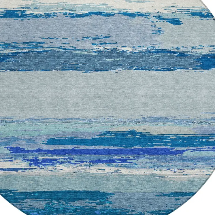 8' Blue Round Abstract Washable Indoor Outdoor Area Rug