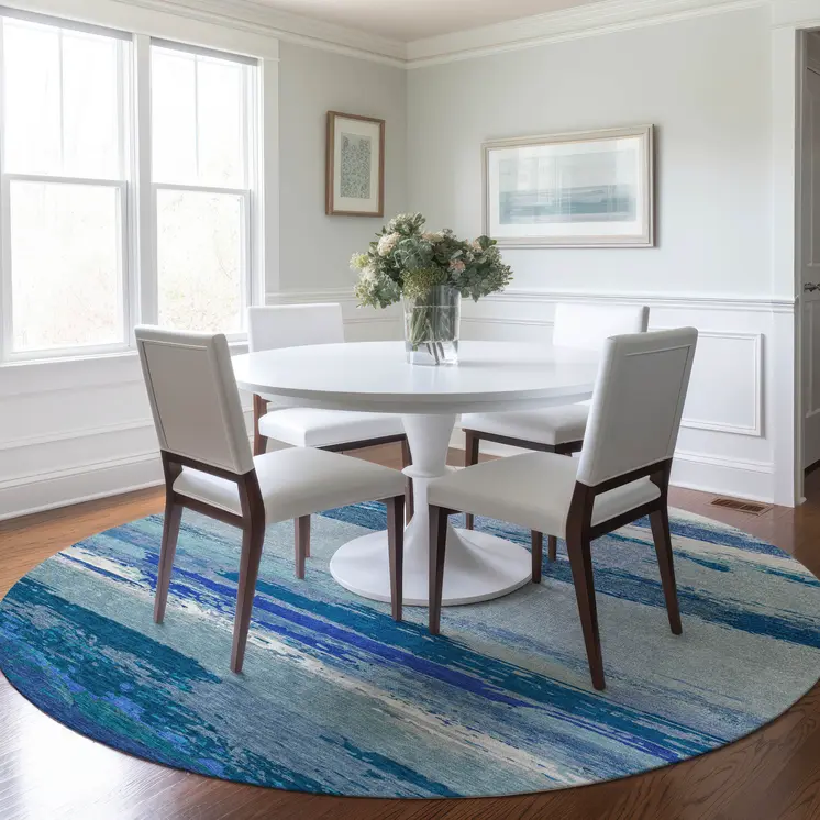 8' Blue Round Abstract Washable Indoor Outdoor Area Rug
