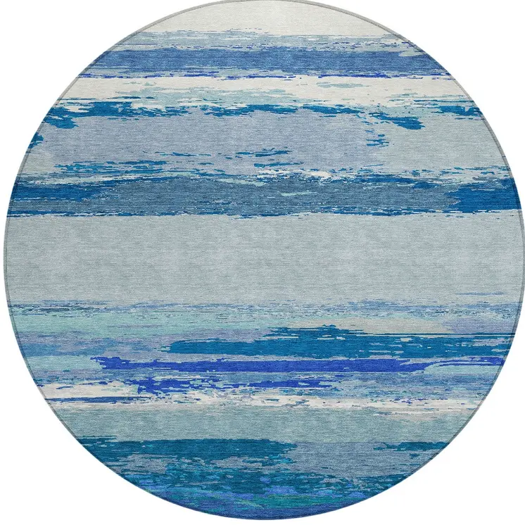 8' Blue Round Abstract Washable Indoor Outdoor Area Rug