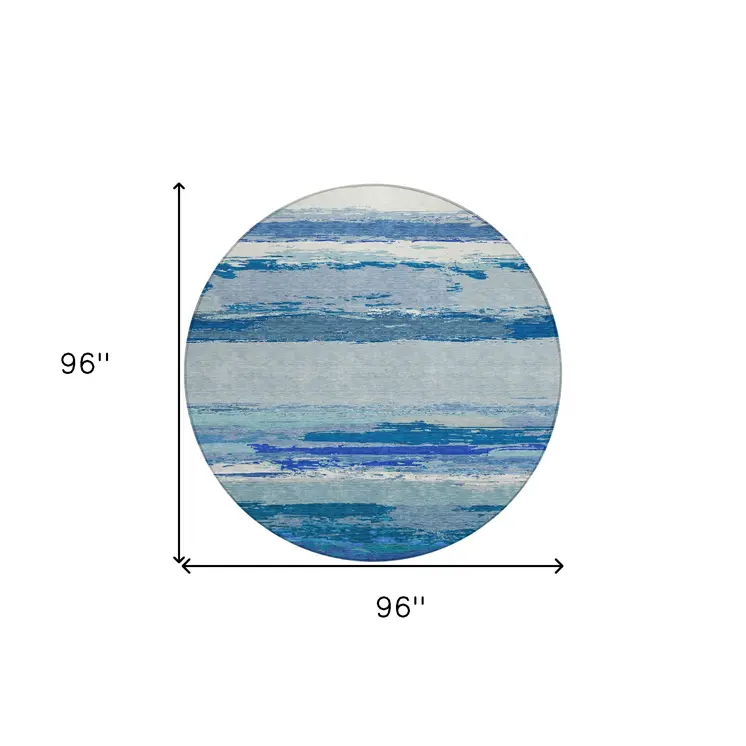 8' Blue Round Abstract Washable Indoor Outdoor Area Rug