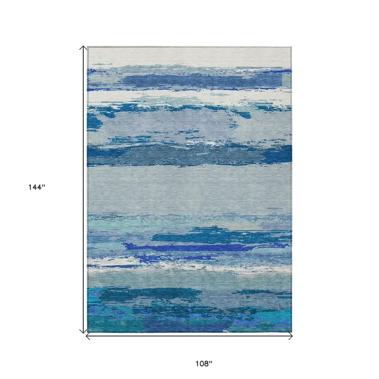 9' X 12' Blue Abstract Washable Indoor Outdoor Area Rug