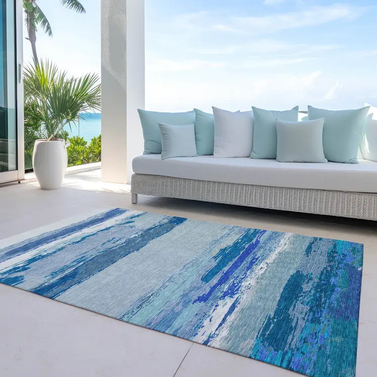 9' X 12' Blue Abstract Washable Indoor Outdoor Area Rug