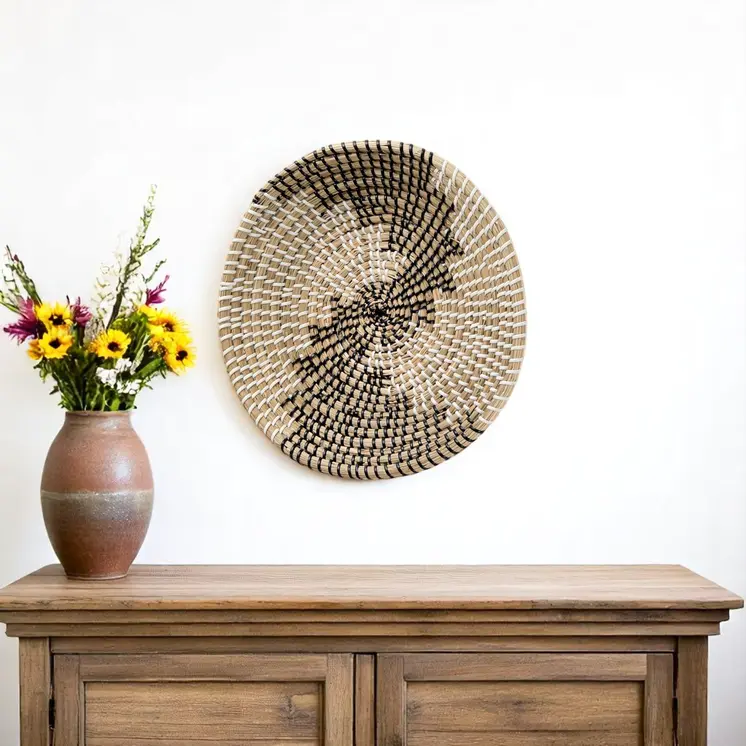 12" X 12" Black Light Brown And White Abstract Geometric Seagrass Circle Hanging Dimensional Sculpture