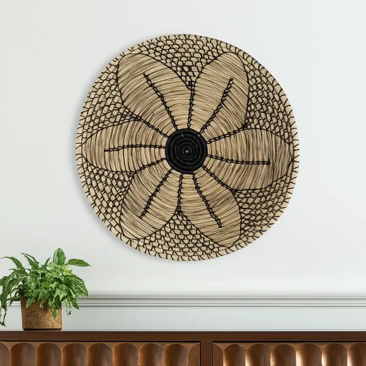 24" X 24" Black And Light Brown Floral Seagrass Circle Hanging Dimensional Sculpture