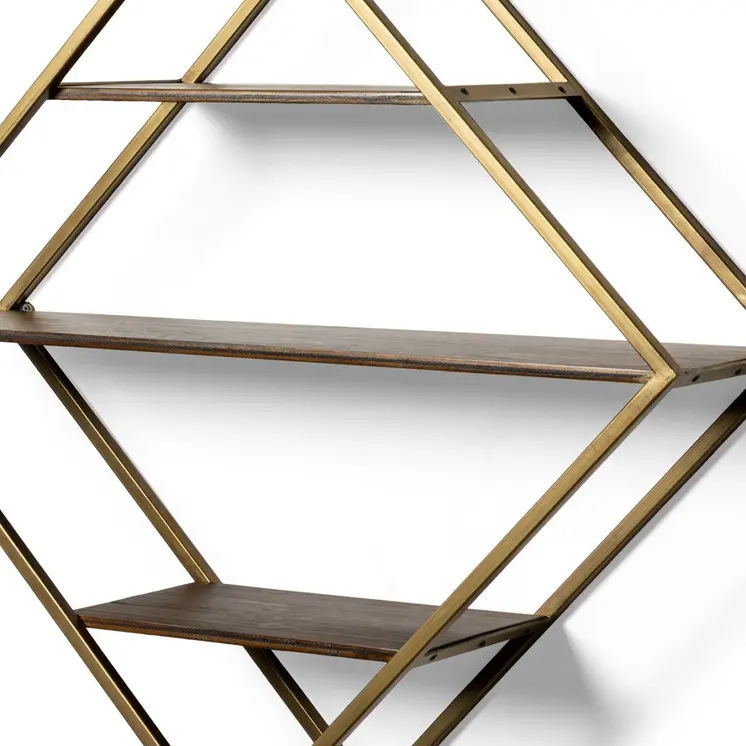 30" Antiqued Brass And Brown Metal And Solid Wood Diamond Shaped Accent Shelf