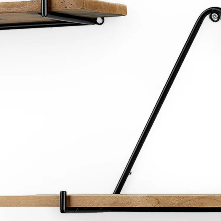 Set Of Three Black And Brown Metal And Solid Wood Triangle Wall Mounted Accent Shelves