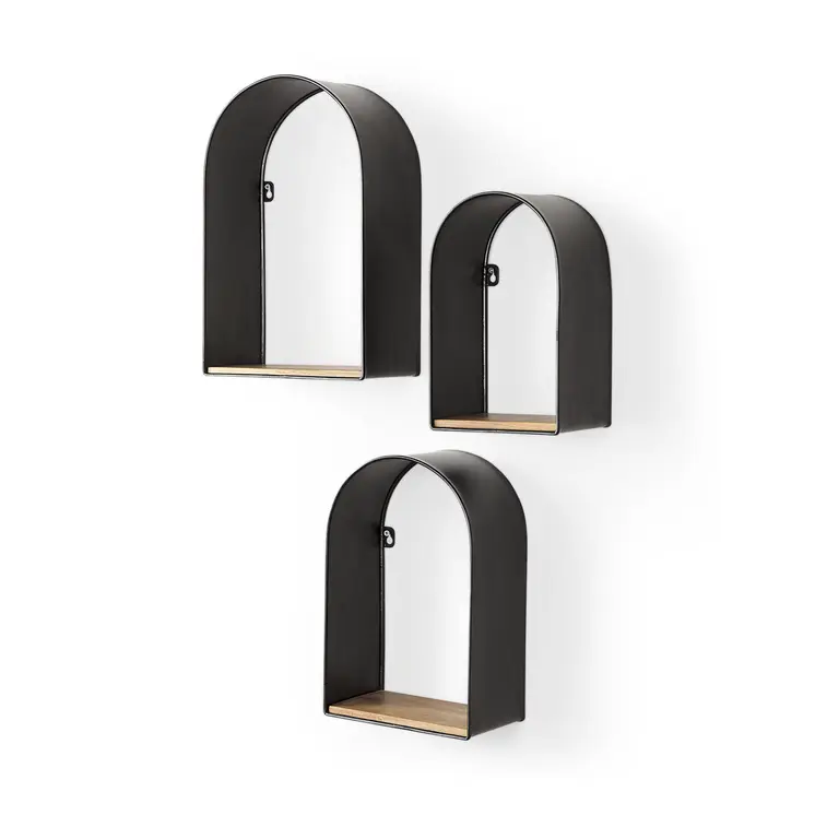 Set Of Three Black And Brown Metal And Solid Wood Arched Wall Mounted Accent Shelf