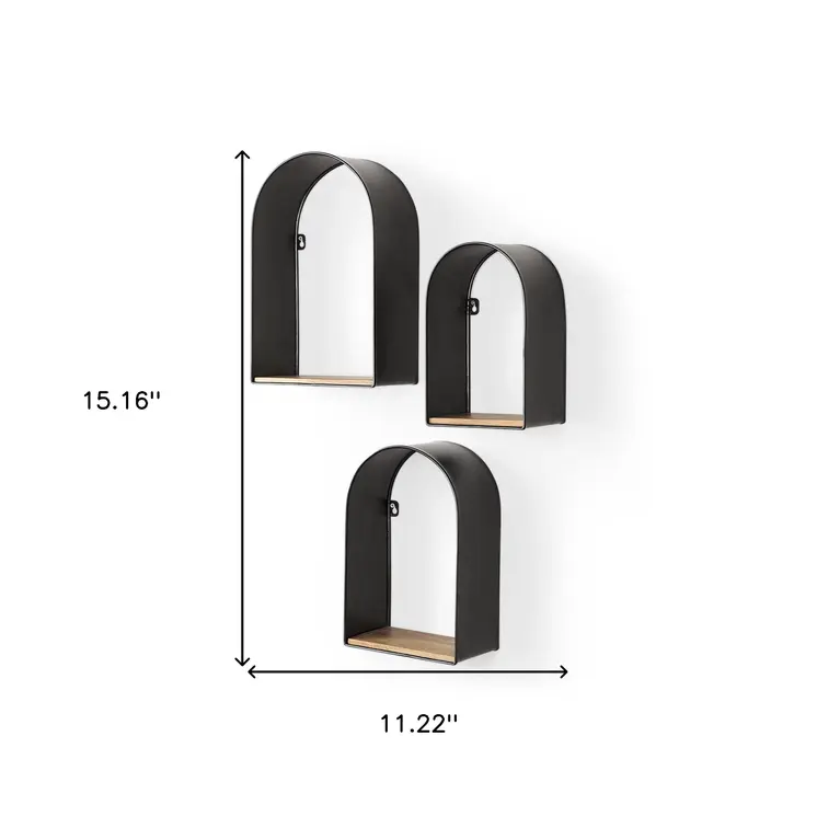 Set Of Three Black And Brown Metal And Solid Wood Arched Wall Mounted Accent Shelf